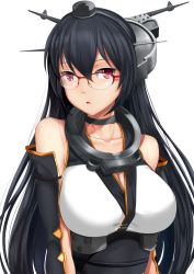 Rule 34 | 10s, 1girl, bare shoulders, bespectacled, black gloves, black hair, breasts, chestnut mouth, chiyo goya, cleavage, elbow gloves, fingerless gloves, glasses, gloves, headgear, highres, kantai collection, large breasts, long hair, looking at viewer, nagato (kancolle), parted lips, red eyes, solo, upper body