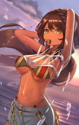 Rule 34 | 1girl, andromeda (fate), andromeda (second ascension) (fate), armpits, arms behind head, arms up, bandeau, bare shoulders, bikini, bikini under clothes, blue sky, blush, bracelet, braid, breasts, brown hair, chain, cleavage, criss-cross halter, crown braid, dark-skinned female, dark skin, denim, fate/grand order, fate (series), green eyes, grey pants, halowd, halterneck, highleg, highleg bikini, highres, jeans, jewelry, large breasts, long hair, looking at viewer, low ponytail, mouth hold, multicolored bikini, multicolored clothes, navel, ocean, pants, rainbow bikini, see-through, sidelocks, sky, solo, swimsuit