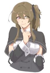 Rule 34 | 1girl, arm at side, assault lily, black capelet, black ribbon, black skirt, breasts, brown hair, buttons, capelet, closed mouth, collared shirt, commentary request, cropped torso, detached sleeves, finger to own chin, frilled sleeves, frills, hair between eyes, hair ribbon, hand up, heterochromia, high-waist skirt, highres, kuo shenlin, light blush, long hair, long sleeves, looking at viewer, medium breasts, one side up, pink eyes, ribbon, school uniform, shirt, sidelocks, simple background, skirt, smile, solo, su (sconbuoishi), upper body, white background, white shirt, yellow eyes, yurigaoka girls academy school uniform