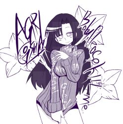 Rule 34 | 1girl, blush, breasts, goshiki agiri, hys-d, kill me baby, long hair, looking at viewer, medium breasts, monochrome, purple theme, simple background, smile, solo, sweater, white background