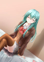 Rule 34 | 1girl, absurdres, aqua hair, bow, bowtie, breasts, brown jacket, brown sweater, brown thighhighs, cellphone, closed eyes, crossed legs, grey skirt, highres, jacket, kantai collection, long hair, manjukannon, on bed, open clothes, open jacket, phone, red bow, red bowtie, shirt, simple background, sitting, skirt, smartphone, smile, solo, suzuya (kancolle), sweater, thighhighs, valentine, white shirt