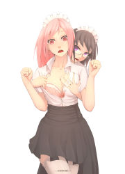 Rule 34 | 2girls, artist name, black hair, black skirt, bow, bra, grabbing another&#039;s breast, breasts, brown hair, buttons, cleavage, clenched hands, collarbone, cowboy shot, earrings, frilled bra, frills, glasses, grabbing, grabbing from behind, groping, hand up, hands up, highres, jewelry, leartni, long hair, long skirt, looking at viewer, looking down, maid, maid headdress, md5 mismatch, medium breasts, multiple girls, open mouth, original, pink bra, pink eyes, pink hair, purple eyes, red eyes, resized, shirt, short sleeves, simple background, skirt, thighhighs, unbuttoned, unbuttoned shirt, underwear, upscaled, white background, white legwear, white shirt, yuri