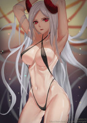 Rule 34 | &gt;:(, 1girl, armpits, arms up, black one-piece swimsuit, breasts, closed mouth, collarbone, cowboy shot, criss-cross halter, cyicheng, facebook username, frown, halterneck, horns, lips, long hair, looking to the side, medium breasts, navel, one-piece swimsuit, original, panties, red eyes, silver hair, slingshot swimsuit, solo, stomach, swimsuit, underwear, v-shaped eyebrows, very long hair, watermark, web address
