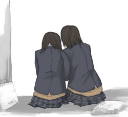 Rule 34 | 2girls, black hair, blazer, brown hair, multiple girls, original, school uniform, serafuku, sitting, tamaru tokihiko