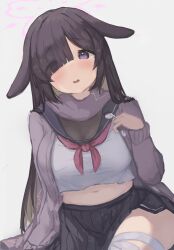 Rule 34 | 1girl, absurdres, animal ears, blue archive, blush, breasts, hair over one eye, halo, highres, large breasts, long hair, looking at viewer, lop rabbit ears, multicolored hair, open mouth, purple eyes, purple hair, purple scarf, rabbit ears, rabbit girl, scarf, school uniform, serafuku, simple background, skirt, solo, teruriu, tsukuyo (blue archive)