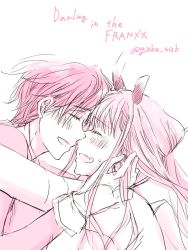 Rule 34 | 10s, 1boy, 1girl, blush, bodysuit, commentary request, couple, darling in the franxx, closed eyes, face-to-face, fangs, forehead-to-forehead, fringe trim, gloves, hand on another&#039;s face, heads together, hetero, highres, hiro (darling in the franxx), horns, hug, long hair, oni horns, pilot suit, short hair, signature, yin hua, zero two (darling in the franxx)