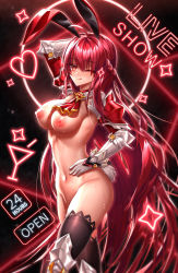 Rule 34 | 1girl, ;q, absurdres, ahoge, animal ears, arm up, armor, armored boots, been, black thighhighs, boots, breasts, bsurdres, elesis (elsword), elsword, empire sword (elsword), floating hair, gloves, hair between eyes, hand on own hip, highres, large breasts, long hair, looking at viewer, naked armor, navel, nipples, nude, one eye closed, rabbit ears, rabbit tail, red eyes, red hair, red neckwear, shoulder armor, solo, standing, tail, thighhighs, tongue, tongue out, very long hair, white gloves