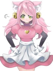 Rule 34 | 1girl, animal ears, bell, cat ears, cat tail, highres, jingle bell, long hair, mad mew mew, magical girl, pink hair, pink ribbon, puffy short sleeves, puffy sleeves, ribbon, short sleeves, skirt, smile, solo, standing, tail, undertale