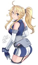 Rule 34 | 3girls, ahoge, alternate costume, alternate hairstyle, ass, bare shoulders, blonde hair, blue eyes, breasts, commentary request, fingerless gloves, from behind, front-tie top, gambier bay (kancolle), garter straps, gloves, graphite (medium), hair between eyes, iowa (kancolle), kantai collection, large breasts, miniskirt, multiple girls, ponytail, ponytail holder, samuel b. roberts (kancolle), sidelocks, skirt, smile, star-shaped pupils, star (symbol), striped clothes, striped legwear, striped thighhighs, symbol-shaped pupils, terrajin, thighhighs, traditional media, vertical-striped clothes, vertical-striped legwear, vertical-striped thighhighs, white background