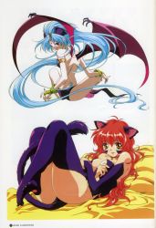 Rule 34 | 2girls, absurdres, animal ears, armlet, artbook, back, bare back, bat wings, bed, bell, neck bell, blue hair, breasts, bridal gauntlets, cat ears, cat tail, cleavage, collar, delta (words worth), demon girl, facial mark, feet, forehead mark, from behind, fur, gloves, head wings, highres, long hair, looking back, lying, multiple girls, nail polish, nina (words worth), on back, pale skin, pink nails, pointy ears, red eyes, red hair, rin-sin, scan, sitting, smile, demon girl, tail, thighhighs, very long hair, wings, words worth, yellow eyes