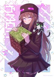 1girl absurdres ander_(at2.) black_skirt black_thighhighs blush brown_hair cat closed_mouth destinyplayer1 enderman garter_straps hat highres long_hair long_sleeves looking_at_viewer minecraft mob_talker personification pleated_skirt purple_eyes skirt smile solo thighhighs very_long_hair