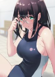 Rule 34 | 1girl, adjusting eyewear, bare arms, bench, black one-piece swimsuit, blurry, breasts, brown hair, closed mouth, commentary request, competition swimsuit, depth of field, glasses, green eyes, hanyuu yuzuki, highres, jonsun, large breasts, looking at viewer, one-piece swimsuit, poolside, shuumatsu no harem, sideboob, sidelocks, sitting, smile, solo, swimsuit, tile floor, tiles, wet, wet hair