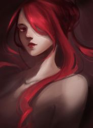 Rule 34 | 1girl, 3four, hair over one eye, highres, kirijou mitsuru, lips, lipstick, long hair, makeup, nose, persona, persona 3, red eyes, red hair, solo, upper body