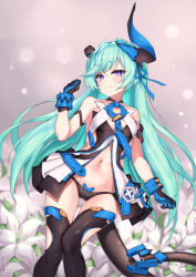 Rule 34 | 1girl, aqua hair, armlet, asymmetrical horns, bare shoulders, black gloves, black panties, black tail, black thighhighs, breasts, bright pupils, cleavage cutout, clothing cutout, dress, ehart, flower, gloves, honkai (series), honkai impact 3rd, horns, liliya olenyeva, lily (flower), long hair, looking at viewer, open clothes, open dress, panties, purple eyes, side cutout, small breasts, solo, thick eyebrows, thighhighs, underwear, uneven horns, white flower