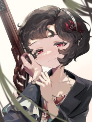 Rule 34 | 2girls, black coat, black hair, closed mouth, coat, curly hair, dress, feather dress, feather hair ornament, feathers, finger on trigger, gun, hair ornament, hairband, hand on another&#039;s cheek, hand on another&#039;s face, hand on another&#039;s wrist, handgun, hands up, highres, holding, holding gun, holding weapon, jewelry, looking at viewer, multiple girls, necklace, pov, pov hands, pyopyo, red dress, red eyes, red feathers, reverse:1999, schneider (reverse:1999), short hair, solo focus, upper body, vertin (reverse:1999), weapon, white background, white hairband
