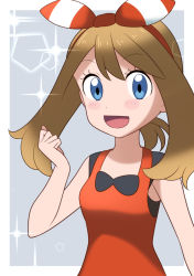 Rule 34 | 1girl, bad id, bad pixiv id, bandana, blouse, blush, breasts, brown hair, closed mouth, collared shirt, commentary request, creatures (company), eyelashes, game freak, gloves, grey eyes, hand on own chin, hand up, highres, may (pokemon), medium hair, nintendo, pokemon, pokemon oras, red bandana, red shirt, ririmon, shirt, short sleeves, signature, simple background, solo, spoken squiggle, squiggle, stroking own chin, thinking, upper body, white background, white gloves