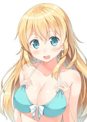 Rule 34 | 10s, 1girl, :d, atago (kancolle), bare shoulders, bikini, blonde hair, blue bikini, blush, breast suppress, breasts, cleavage, female focus, front-tie top, green eyes, hat, hyuuga azuri, kantai collection, long hair, looking at viewer, medium breasts, no headwear, open mouth, shiny skin, smile, solo, swimsuit
