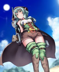 Rule 34 | 1girl, absurdres, arrow (projectile), belt, black bow, black cape, black gloves, blue sky, boots, bow, brown footwear, brown hoodie, brown shorts, cape, cloud, day, elf, from below, gloves, goblin slayer!, green eyes, green hair, green thighhighs, hair bow, high elf archer (goblin slayer!), highres, hood, hoodie, long hair, looking at viewer, outdoors, pointy ears, quiver, ryuinu, shirt, shorts, sky, sleeveless, sleeveless shirt, smile, solo, standing, sun, thighhighs