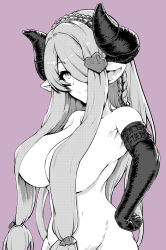 Rule 34 | braid, breasts, covering privates, covering breasts, draph, granblue fantasy, greyscale, greyscale with colored background, hair over one eye, highres, horns, large breasts, long hair, looking at viewer, low tied hair, monochrome, narmaya (granblue fantasy), pointy ears, purple background, single braid, solo, teriton