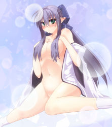 Rule 34 | 1girl, bare shoulders, blush, bow, breasts, censored, convenient censoring, covered erect nipples, green eyes, hair bow, hair censor, highres, hisame (shinrabanshou), long hair, looking at viewer, navel, pointy ears, purple eyes, shinrabanshou, sidelocks, solo, taletale, undressing