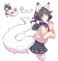 1girl :p animal_ear_fluff animal_ears bell black_hair black_sailor_collar black_skirt blush brown_cardigan cardigan cat chibi chibi_inset fox_ears fox_girl fox_tail from_side hair_bell hair_ornament hair_ribbon looking_at_viewer multiple_cats multiple_views neckerchief one_side_up orange_cat orange_eyes original pleated_skirt red_neckerchief red_ribbon ribbon ribbon-trimmed_thighhighs ribbon_trim sailor_collar simple_background skirt sleeves_past_wrists suzuno_(suzuno3110) tail thick_eyebrows thighhighs tongue tongue_out white_background white_cat white_thighhighs