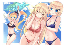 Rule 34 | 3girls, :q, absurdres, adjusting hair, armpits, bikini, black bikini, blonde hair, blue bikini, blue eyes, blush, breasts, cleavage, cloud, day, enterprise (warship girls r), front-tie bikini top, front-tie top, hair flaps, hair ornament, hairclip, highres, hornet (warship girls r), inflatable toy, licking lips, long hair, looking at viewer, medium breasts, multiple girls, naughty face, navel, nose blush, ponytail, red bikini, short hair, side-tie bikini bottom, sky, smile, swimsuit, tongue, tongue out, very long hair, warship girls r, xiao bing qiaokeli, yorktown (warship girls r)