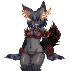 Rule 34 | 1girl, animal ears, animal hands, black hair, black sclera, black skin, breasts, claws, collar, colored sclera, colored skin, dog ears, dog tail, fangs, flaming eyes, fur, gluteal fold, grin, groin, hellhound (monster girl encyclopedia), highres, looking at viewer, medium breasts, monster girl, monster girl encyclopedia, monster girl encyclopedia ii, nav (itsnav), navel, o-ring, o-ring top, orange eyes, shiny skin, short hair, simple background, smile, solo, spiked collar, spikes, tail, teeth, thighs, white background