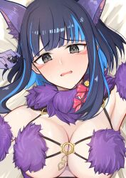 Rule 34 | 1girl, absurdres, animal ears, black hair, blue hair, blush, breasts, cleavage, colored inner hair, commentary, cosplay, facial mark, fate/grand order, fate (series), fur collar, gloves, grey eyes, highres, lying, mash kyrielight, mash kyrielight (dangerous beast), mash kyrielight (dangerous beast) (cosplay), medium breasts, multicolored hair, on back, on bed, purple gloves, tenochtitlan (fate), uriuriyukitti