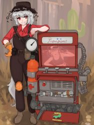 Rule 34 | 1girl, :d, animal ears, bolt (hardware), brown footwear, brown headwear, cosplay, crossover, dispenser (team fortress), engineer (tf2), full body, gloves, grin, highres, inubashiri momiji, kawashiro nitori, knee pads, nut (hardware), open mouth, orange gloves, overalls, ramnik5, red engineer (tf2), red eyes, short hair, single glove, sleeves rolled up, smile, solo, standing, syringe, tail, team fortress 2, teeth, the engineer, the engineer (cosplay), touhou, unusual effect, white hair, wolf ears, wolf girl, wolf tail