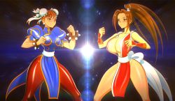 Rule 34 | 2girls, akiranime, animated, animated gif, bouncing breasts, breasts, brown hair, capcom, chun-li, cleavage, double bun, fatal fury, fighting stance, huge breasts, large breasts, long hair, multiple girls, ponytail, shiranui mai, snk, street fighter, the king of fighters