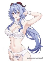 Rule 34 | :d, arm up, armpits, bare arms, bare shoulders, blue hair, blue nails, bow, bow panties, bra, breasts, chinoa, cleavage, collar, commentary, fang, ganyu (genshin impact), garter belt, genshin impact, highres, horns, large breasts, long hair, looking at viewer, nail polish, navel, open mouth, panties, purple eyes, sidelocks, skin fang, smile, stomach, underwear, very long hair, white bra, white collar, white panties