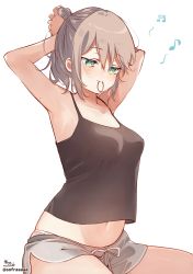 Rule 34 | 1girl, absurdres, arms behind head, arms up, bad id, bad pixiv id, bare arms, bare shoulders, beamed sixteenth notes, black camisole, blue eyes, blush, breasts, brown hair, camisole, closed mouth, commentary request, crop top, eighth note, grey shorts, hair between eyes, hair tie, hair tie in mouth, highres, looking away, looking down, medium breasts, midriff, mouth hold, musical note, navel, original, panties, ponytail, short shorts, shorts, simple background, smile, sofra, solo, tying hair, underwear, white background, white panties