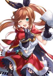 Rule 34 | 1girl, :d, belt, black gloves, black thighhighs, book, breasts, brown hair, cape, clarisse (granblue fantasy), dress, frills, gloves, granblue fantasy, green eyes, hair ribbon, long hair, looking at viewer, medium breasts, one eye closed, open mouth, ponytail, ribbon, shiao, simple background, skirt, smile, solo, teeth, thighhighs, tongue, upper teeth only, v, very long hair, vial, white background