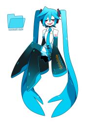 Rule 34 | 1girl, absurdly long hair, arms at sides, bare shoulders, black skirt, black sleeves, black thighhighs, blue hair, blue necktie, blush stickers, character name, closed eyes, colored skin, commentary, detached sleeves, english commentary, facing viewer, floating, folder, full body, hair between eyes, hair ornament, hatsune miku, headphones, headset, highres, long bangs, long hair, long sleeves, necktie, number tattoo, open mouth, pleated skirt, shirt, signature, simple background, skirt, sleeveless, sleeveless shirt, sleeves past fingers, sleeves past wrists, smile, socky, solo, tattoo, thighhighs, twintails, very long hair, vocaloid, white background, white shirt, white skin, zettai ryouiki