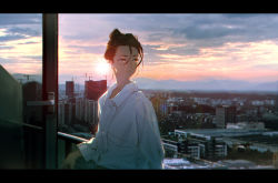 Rule 34 | 1girl, brown eyes, brown hair, city, cloud, cloudy sky, collared shirt, dtroy, expressionless, hair between eyes, hair bun, highres, leaning back, letterboxed, looking to the side, original, shirt, shirt tucked in, single hair bun, sky, solo, sunrise, white shirt