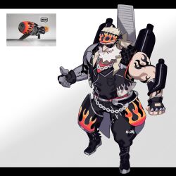 Rule 34 | 1boy, arm tattoo, beads, beard, black footwear, black gloves, blonde hair, boots, closed mouth, facial hair, fingerless gloves, flame print, flame tattoo, full body, gloves, headband, highres, male focus, nintendo, pants, personification, prosthesis, prosthetic arm, range blaster (splatoon), reference inset, shirt, sido (slipknot), simple background, single glove, solo, splatoon (series), sunglasses, tattoo, vest