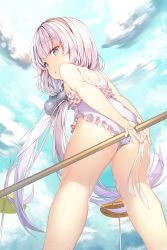 Rule 34 | 10s, 1girl, aile (crossroads), ass, beach umbrella, beads, blue eyes, blunt bangs, blush, casual one-piece swimsuit, cloud, cloudy sky, day, dragon girl, frilled swimsuit, frills, from behind, hair beads, hair ornament, hairband, kanna kamui, kneepits, kobayashi-san chi no maidragon, lavender swimsuit, light purple hair, lips, long hair, looking at viewer, looking back, one-piece swimsuit, outdoors, pink hair, purple hair, purple one-piece swimsuit, revision, shiny skin, sky, solo, standing, swimsuit, thighs, twintails, umbrella