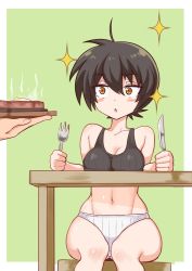 Rule 34 | 1girl, ahoge, black hair, blush, breast rest, breasts, butter, cleavage, cougar (cougar1404), food, fork, knife, medium breasts, nari (cougar1404), navel, outside border, panties, sitting, solo, sparkle, table, tank top, underwear, underwear only, white panties, yellow eyes