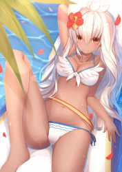 Rule 34 | 10s, 1girl, air mattress, arm up, bare arms, bare shoulders, barefoot, bikini, blonde hair, blue ribbon, breasts, cleavage, closed mouth, collarbone, dark-skinned female, dark skin, flower, front-tie bikini top, front-tie top, granblue fantasy, hair flower, hair ornament, hibiscus, highres, if (asita), leg up, long hair, lying, medium breasts, navel, on back, petals, red eyes, ribbon, rose petals, side-tie bikini bottom, smile, solo, stomach, swimsuit, tatapopo, very long hair, water drop, white bikini, white ribbon, zooey (granblue fantasy), zooey (summer) (granblue fantasy)