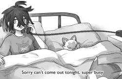 Rule 34 | 1boy, bed, closed eyes, commentary, creatures (company), crossed bangs, english commentary, english text, furret, game freak, gen 2 pokemon, greyscale, hair between eyes, holding, holding phone, indoors, kieran (pokemon), male focus, monochrome, nintendo, ogerpon, on bed, phone, pillow, pokemon, pokemon (creature), pokemon sv, shirt, shiseptiana, short sleeves, sleeping, sprigatito, t-shirt, under covers