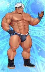Rule 34 | 1boy, abs, akiha gongen (housamo), bandaid, bandaid on face, bandaid on nose, bara, black footwear, blue male underwear, briefs, bulge, commentary request, dark-skinned male, dark skin, face, facial hair, facial scar, full body, gloves, goatee, highres, holding, horns, kuma gororo, large pectorals, looking at viewer, male focus, male underwear, multicolored hair, muscular, muscular male, navel, nipples, pectorals, scar, scar across eye, scar on arm, scar on cheek, scar on chest, scar on face, shoes, short hair, sideburns, single horn, smile, solo, stomach, thick eyebrows, thick thighs, thighs, tokyo houkago summoners, two-tone hair, underwear, underwear only, white hair