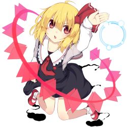 Rule 34 | 1girl, ahoge, arm up, black skirt, blonde hair, blush, bow, collarbone, commentary request, danmaku, fang, full body, hair between eyes, hair bow, lolimate, long sleeves, looking at viewer, mary janes, necktie, open mouth, red bow, red eyes, red footwear, red necktie, rumia, shoes, short hair, simple background, skirt, skirt hold, skirt set, socks, solo, touhou, white background, white socks