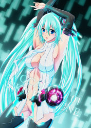 Rule 34 | 1girl, \m/, aqua hair, armpits, arms up, bad id, bad pixiv id, blue eyes, center opening, character name, copyright name, detached sleeves, fujimoto kokoa, hatsune miku, hatsune miku (append), highres, impossible clothes, long hair, looking at viewer, navel, necktie, no panties, no pussy, open clothes, solo, standing, thighhighs, twintails, very long hair, vocaloid, vocaloid append