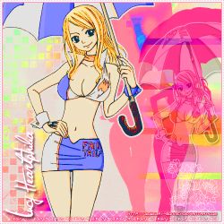 Rule 34 | blonde hair, breasts, cleavage, fairy tail, lowres, lucy heartfilia, race queen, third-party edit, umbrella