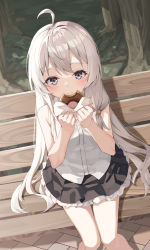 Rule 34 | 1girl, absurdres, ahoge, bare arms, bare shoulders, bench, black skirt, blouse, blush, closed mouth, collared shirt, commentary request, doughnut, dress shirt, elaina (majo no tabitabi), eyebrows hidden by hair, feet out of frame, food, frilled skirt, frills, grey eyes, grey hair, hair between eyes, hair ornament, hands up, highres, holding, holding food, knees together feet apart, long hair, looking at viewer, majo no tabitabi, no ho, on bench, outdoors, pleated skirt, shirt, sitting, skirt, sleeveless, sleeveless shirt, solo, tree, very long hair, wavy mouth, white shirt