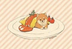 Rule 34 | animal focus, dog, food, food focus, ketchup, mojacookie, no humans, omelet, omurice, plate, shiba inu, signature, striped, striped background, tomato, twitter username