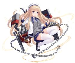 Rule 34 | 1girl, allenes, azur lane, beret, black footwear, blonde hair, blue eyes, blue skirt, breasts, buttons, chain, coat, collared shirt, grey shirt, hat, icarus (azur lane), long hair, long sleeves, looking at viewer, machinery, mary janes, miniskirt, official art, open clothes, open coat, pleated skirt, shirt, shoes, skirt, small breasts, smile, solo, thighhighs, transparent background, undershirt, very long hair, white coat, white hat, white shirt, white thighhighs, zettai ryouiki