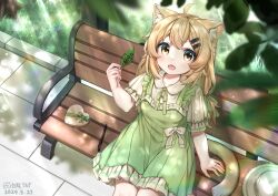 Rule 34 | 1girl, :d, absurdres, animal ear fluff, animal ears, bench, blonde hair, blurry, box, cat ears, cat girl, cat tail, depth of field, dress, fang, frilled dress, frills, from above, grass, green dress, hat, heart-shaped box, highres, holding, holding leaf, leaf, long hair, looking at viewer, looking up, on bench, open mouth, original, pinafore dress, puffy short sleeves, puffy sleeves, shirt, short sleeves, sitting, skin fang, sleeveless, sleeveless dress, smile, sunlight, tail, unworn hat, unworn headwear, white shirt, xiao baixiong tat