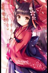 Rule 34 | 1girl, animal ears, bell, black hair, blunt bangs, bow, closed mouth, cowboy shot, floral print, flower, fox ears, fox tail, glint, hair bow, hair flower, hair ornament, hakama, hakama skirt, holding, holding umbrella, japanese clothes, jingle bell, kimono, long sleeves, looking at viewer, original, petals, pillarboxed, purple bow, purple hakama, red bow, red kimono, ribbon-trimmed sleeves, ribbon trim, sakura ani, sash, short hair, skirt, smile, solo, standing, tail, tareme, umbrella, upper body, wide sleeves, yellow eyes