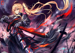 Rule 34 | 1girl, armor, armored dress, artoria pendragon (all), artoria pendragon (fate), bingyuheizhiyan, blonde hair, dress, excalibur morgan (fate), fate/stay night, fate (series), gradient background, long hair, saber (fate), saber alter, side ponytail, solo, sword, very long hair, weapon, yellow eyes